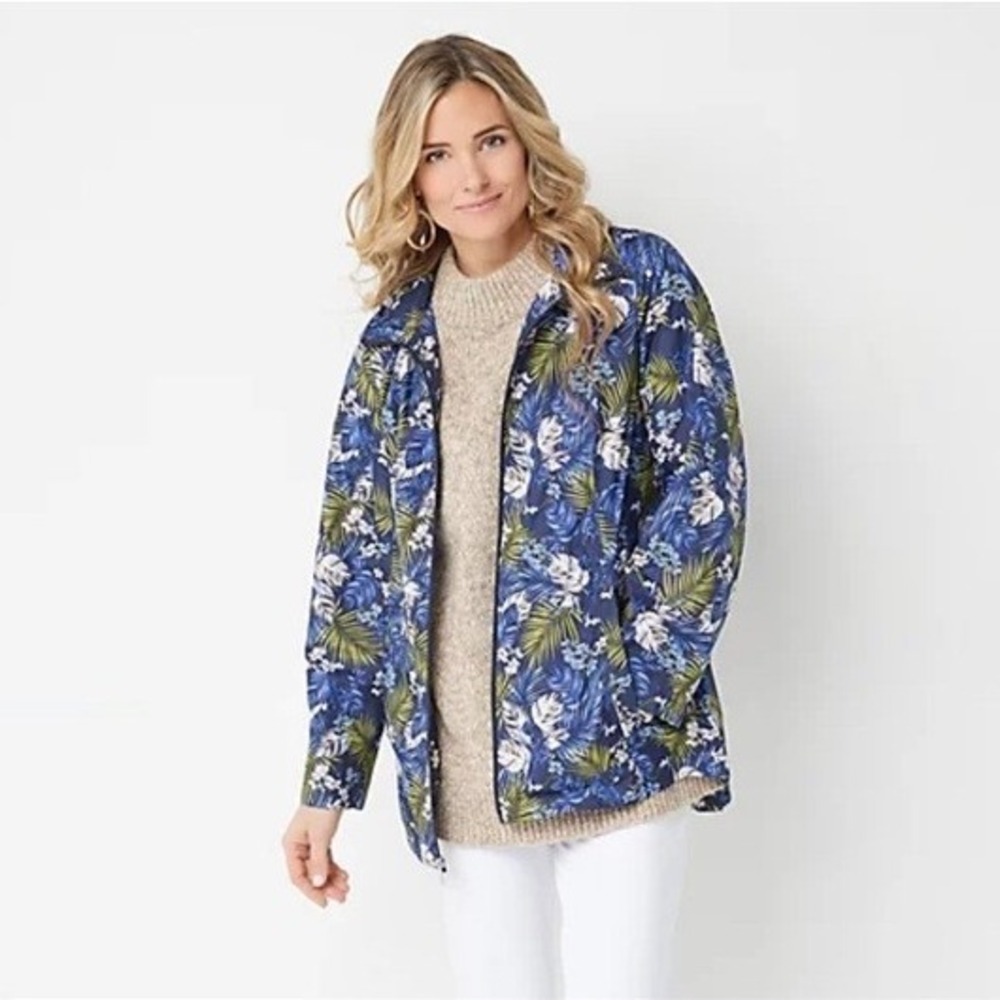 Susan Graver XS Full Zip‎ Floral Print Hooded Rain Jacket Lightweight Navy